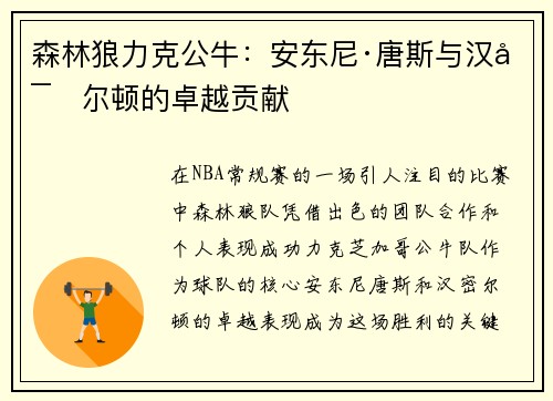 森林狼力克公牛：安东尼·唐斯与汉密尔顿的卓越贡献